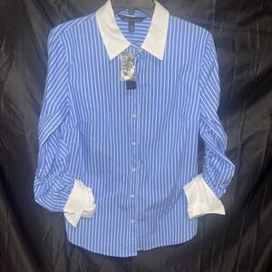 White House Black Market Blue and White Striped Blouse